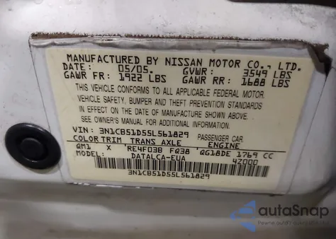 2005 Nissan Sentra 1.8 from USA, damaged, VIN 3N1CB51D55L561829